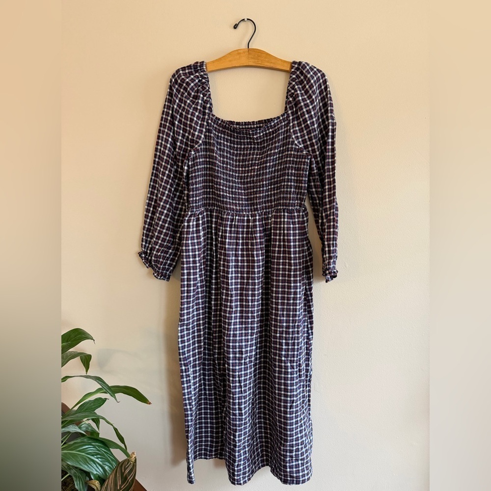 J Crew Womens Dress Plaid Flannel Cottage Puff Sleeve Smocked Midi Navy Size L - Picture 3 of 14